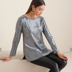 CHICO'S Houndtooth Sequin Tunic Top LS Knit Pattern Black Size 2 (L)